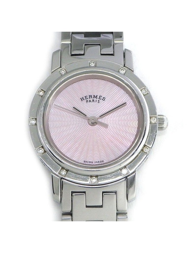 Hermes Watch Clipper Cles 12 Points Diamond Bezel Pink Shell Guilloche Dial Ss Hermes Watch Clipper Cles 12 Points Diamond Bezel Pink Shell Guilloche Dial Ss